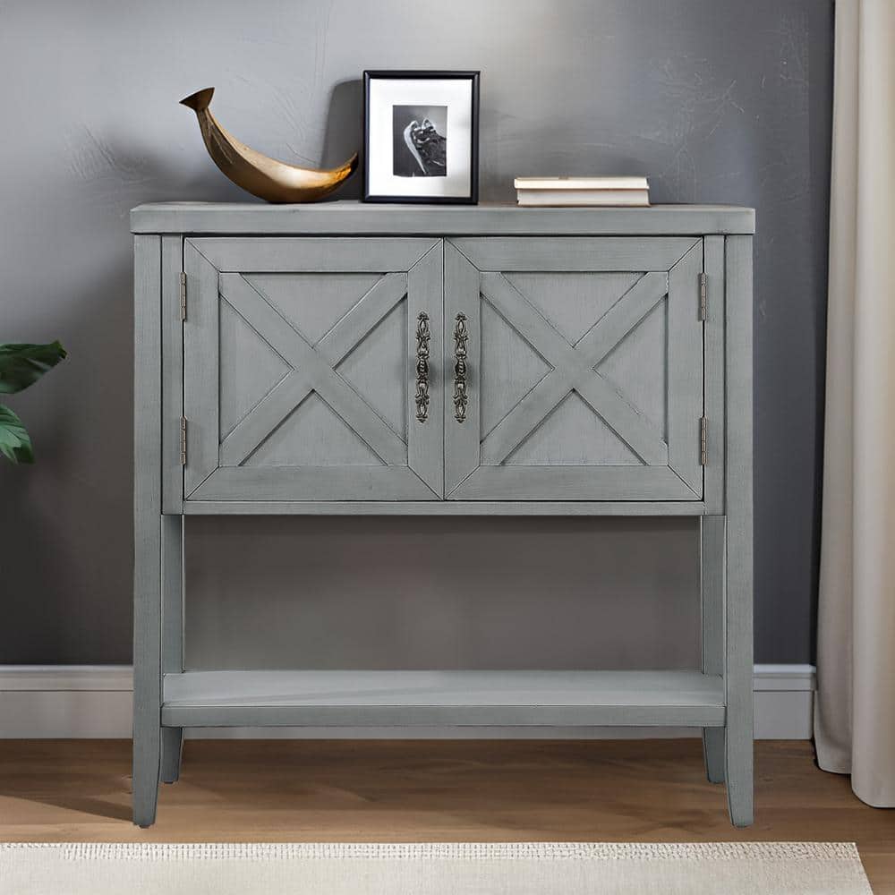 Vera 35 in. Gray Rectangle Wood Console Table with Bottom Shelf and 2-Door 