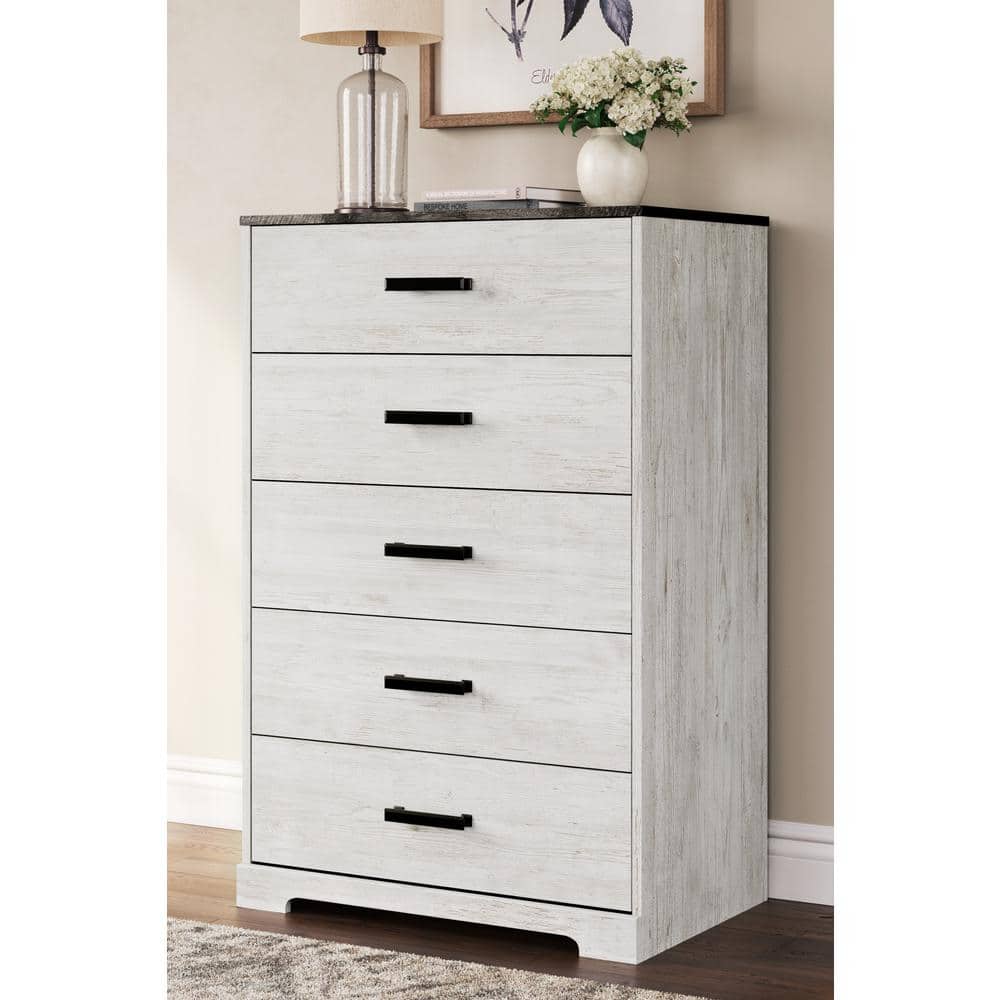 Transitional Whitewash & Charcoal Gray 5-Drawer Chest with Pewter-Tone Hardware