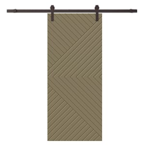 Chevron Arrow 34 in. x 80 in. Fully Assembled Olive Green Stained MDF Modern Sliding Barn Door with Hardware Kit