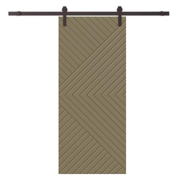 CALHOME Chevron Arrow 34 in. x 96 in. Fully Assembled Olive Green Stained MDF Modern Sliding Barn Door with Hardware Kit