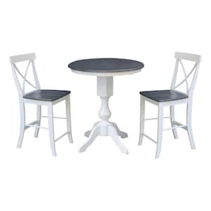 Set of 3-pcs - White/Heather Gray 30 in Solid Wood Counter-Height Pedestal Table and 2 Stools