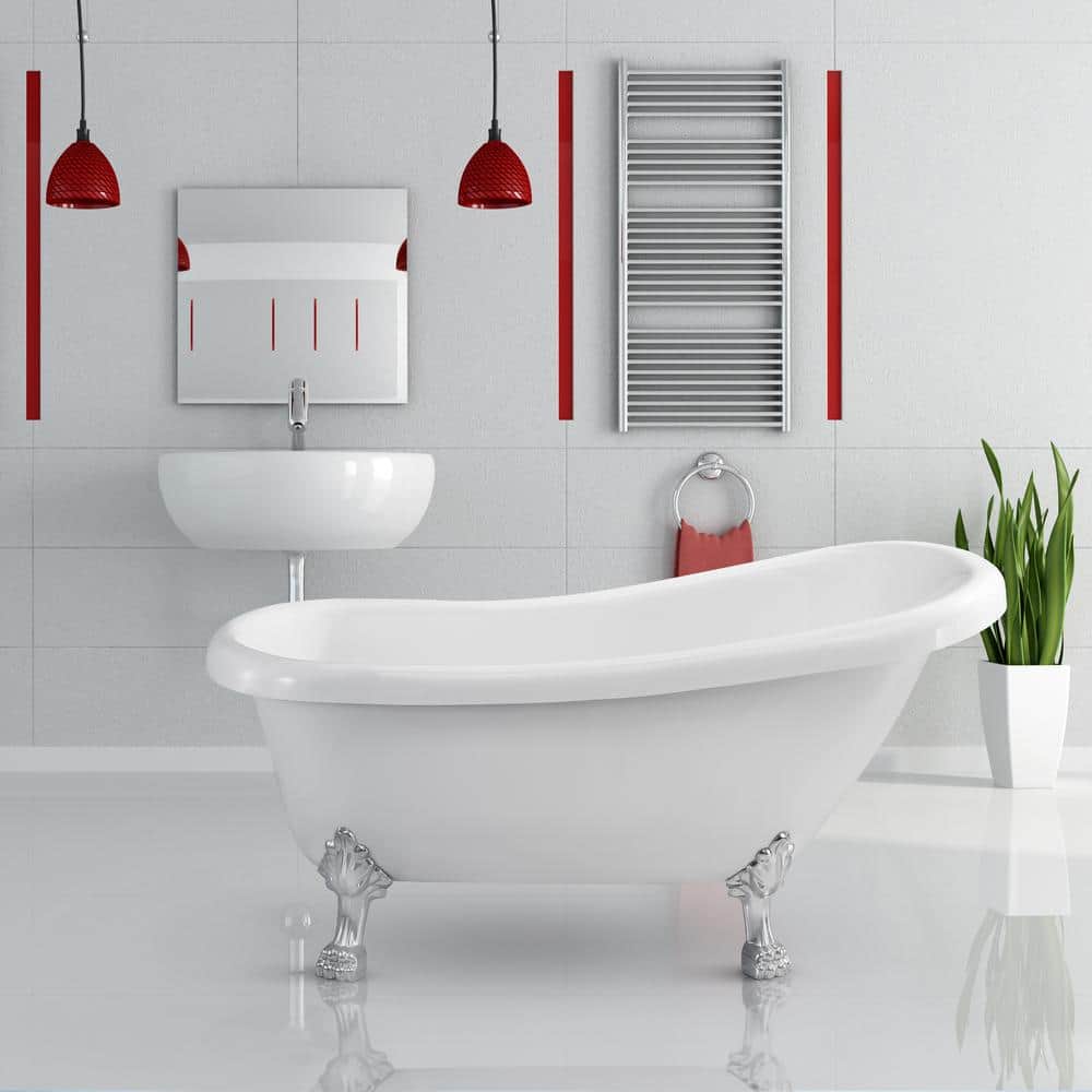 61" Glossy White Acrylic Clawfoot Bathtub with Chrome Feet and Drain