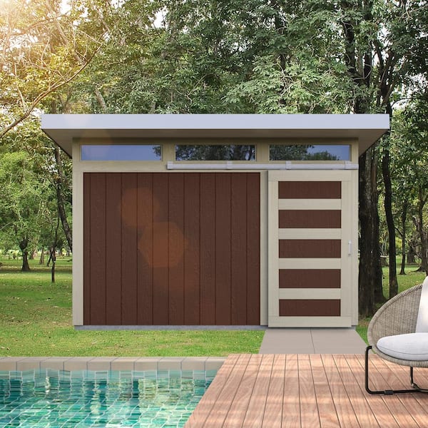 Pro Assembled Halcyon 10 ft. x 12 ft. Modern Wood Garden Shed Storage w/ Barn Door, Window, and Metal Roof (120 sq. ft.)