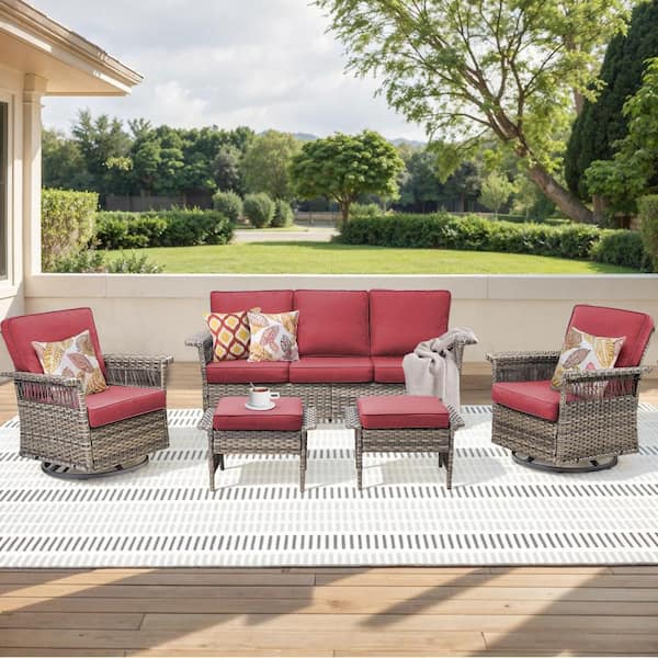 5-Piece Wicker Outdoor Patio Conversation Set with Red Cushions