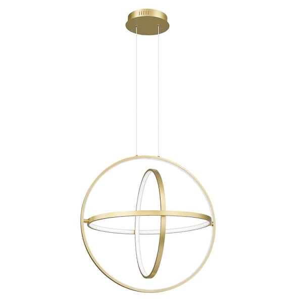JAZAVA 1-Light 60-Watt Integrated LED Gold Ringed Adjustable Height Dimmable Pendant Light 3-Ring 3000K Chandeliers