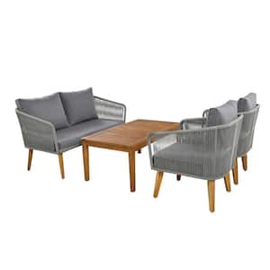 4-Piece Metal Outdoor Patio Conversation Set with and Solid Wood Table with Dark Grey Cushions
