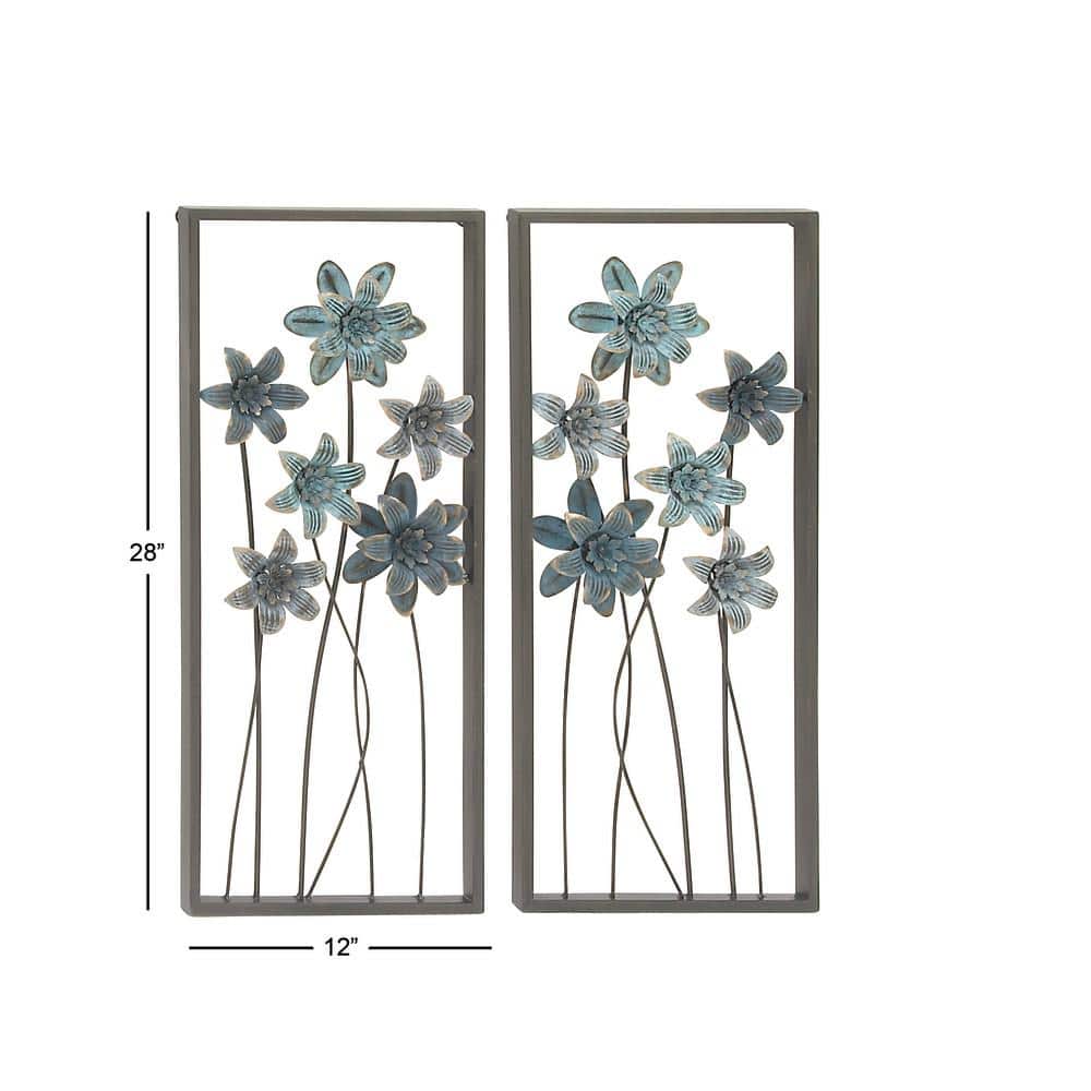 Elegant Gray and Blue Floral Metal Wall Sculptures (Set of 2)