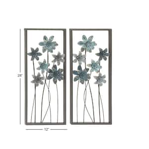 Metal Gray Floral Wall Decor with Black Frame (Set of 2)