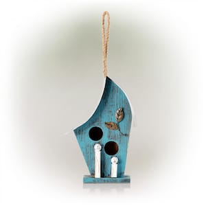 12 in. Tall Outdoor Hanging Wood and Metal Birdhouse, Blue