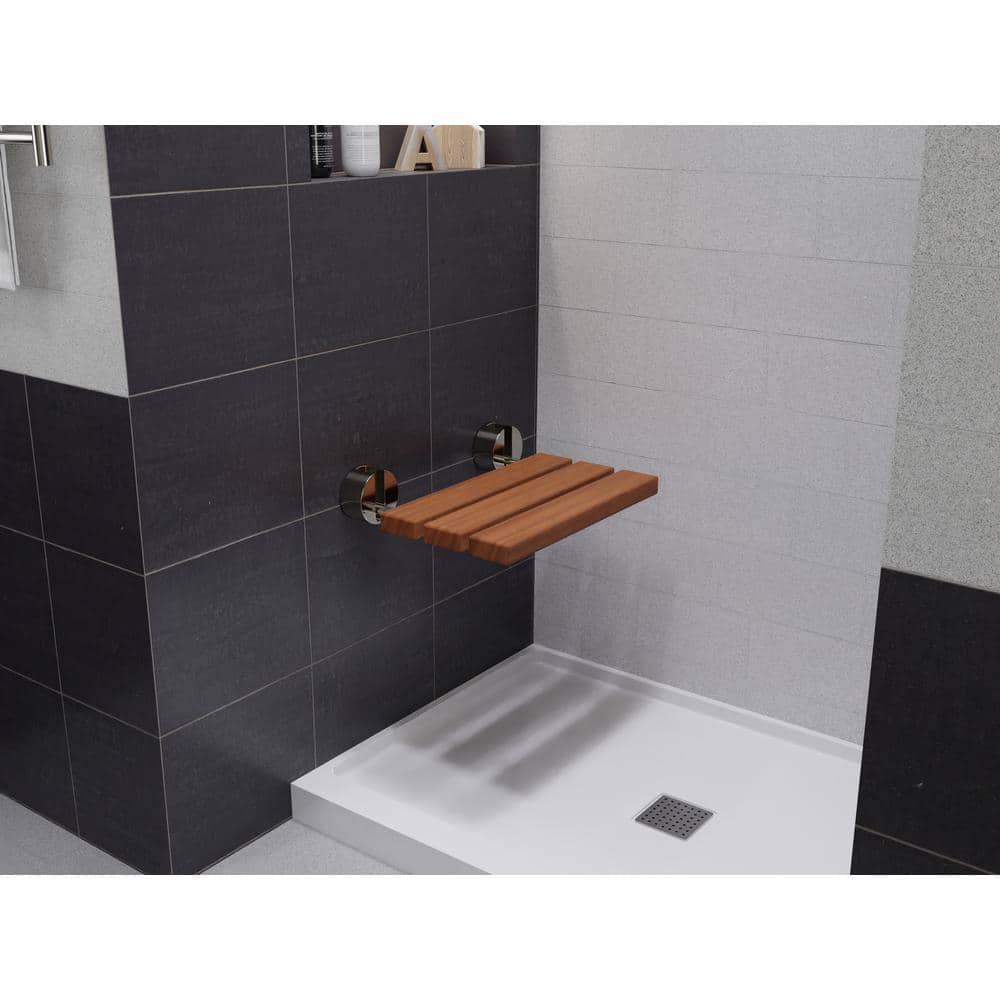 Natural Teak Wood Wall Mounted Folding Shower Bench with Polished Chrome Finish