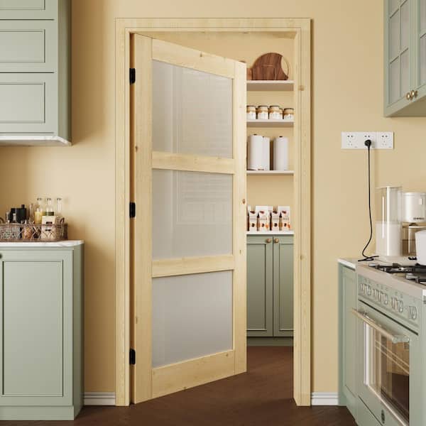 36 in. x 80 in. Unfinished Solid Core Pine Wood 3-Lite Tempered Frosted Glass Interior Door Slab