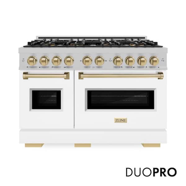Autograph 48 in. Classic Gas DuoPro Range with Dual Ovens in Satin Steel with White Matte Doors and Bronze Accents