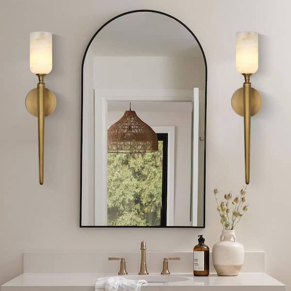 2-Light 5 in. Brass Alabaster Wall Sconces with Alabaster Shades, Vanity Lights, Bathroom Lighting (Bulbs Included)