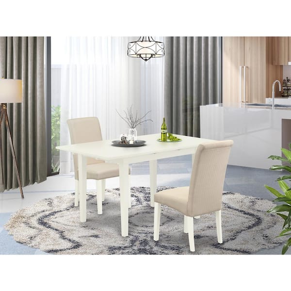 East West Furniture 3-Piece Linen White Finish Rectangular Solid Wood Top With Butterfly Leaf Dining Table Set