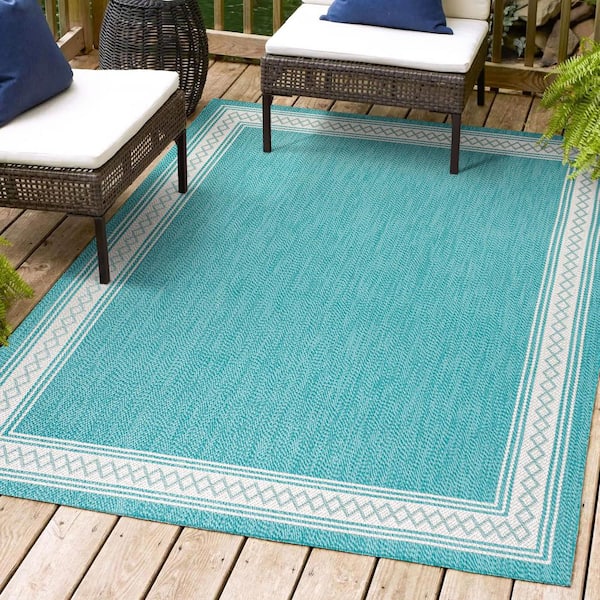 JONATHAN Y Lucia Classic Diamond Border Aqua/Light Gray 4 ft. x 6 ft. Indoor/Outdoor Area Rug