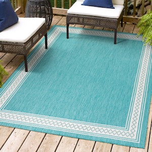 Lucia Classic Diamond Border Aqua/Light Gray 5 ft. x 8 ft. Indoor/Outdoor Area Rug