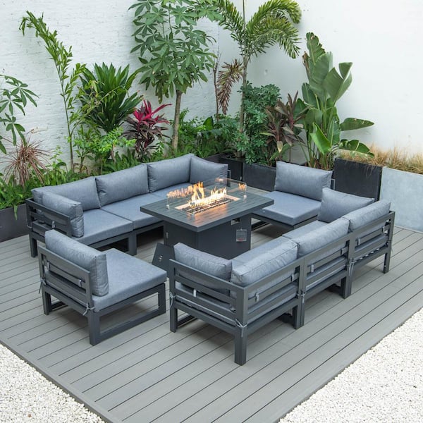 Leisuremod Chelsea Black 9-Peice Aluminum Sectional and Patio Fire Pit Set with Blue Cushions