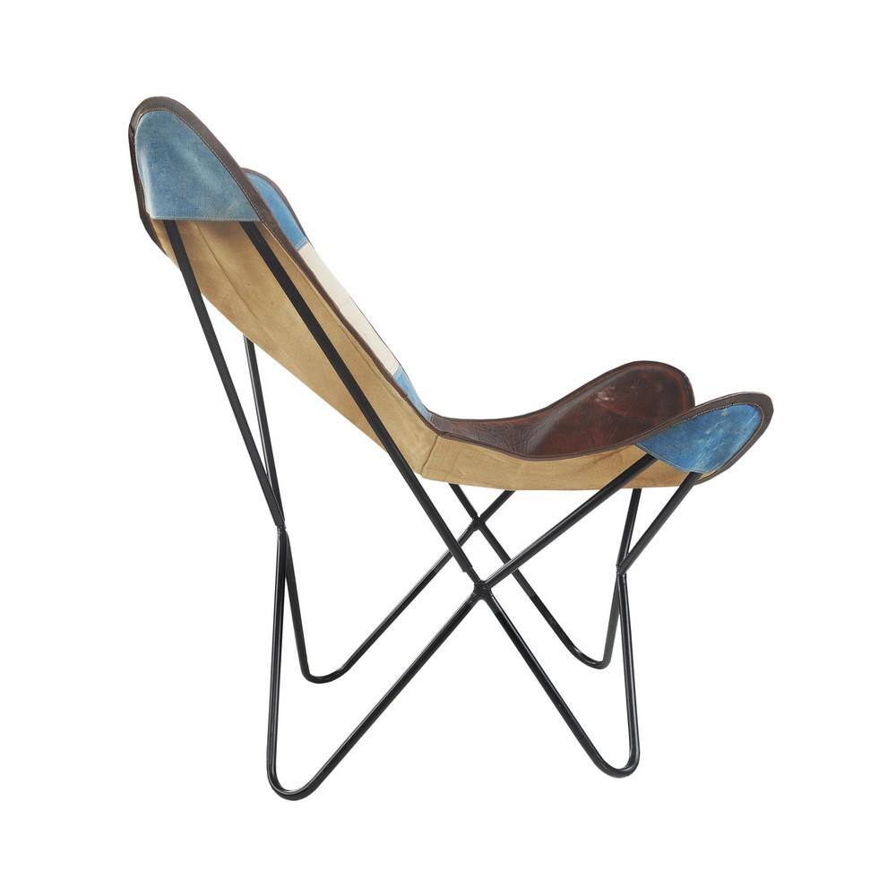 Handcrafted Blue and Ivory Leather Butterfly Chair with Metal Frame