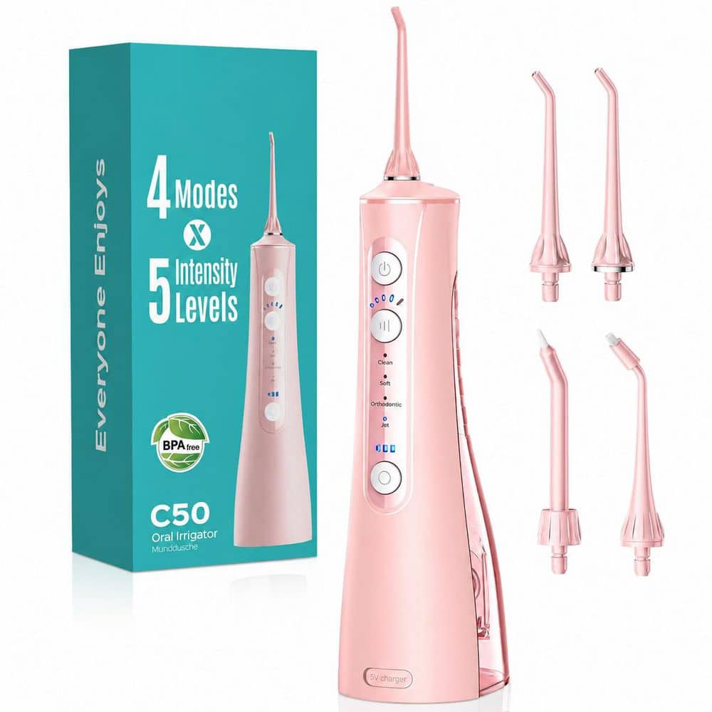 Cordless Water Flosser with 4 Modes, 5 Intensity Levels, 4 Nozzles and Waterproof Design