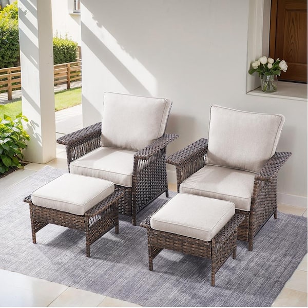 Gymojoy StLouis Brown Wicker Outdoor Lounge Chair with Beige Cushion(Includes 2 Chairs and 2 Ottomans)