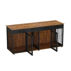 Tiger Skin Large Dog Crate, Wooden Dog Crate Kennel with 4 Drawers and Divider Dog Crates for 2 Large Dogs, 86.6"