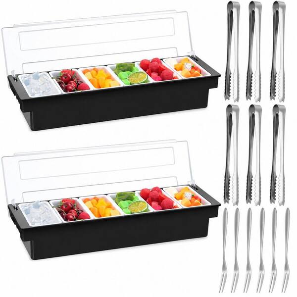 2-Piece ABS Garnish Tray with Lid, 6 Compartments, Serving Tongs and Forks for Bar and Salad Service