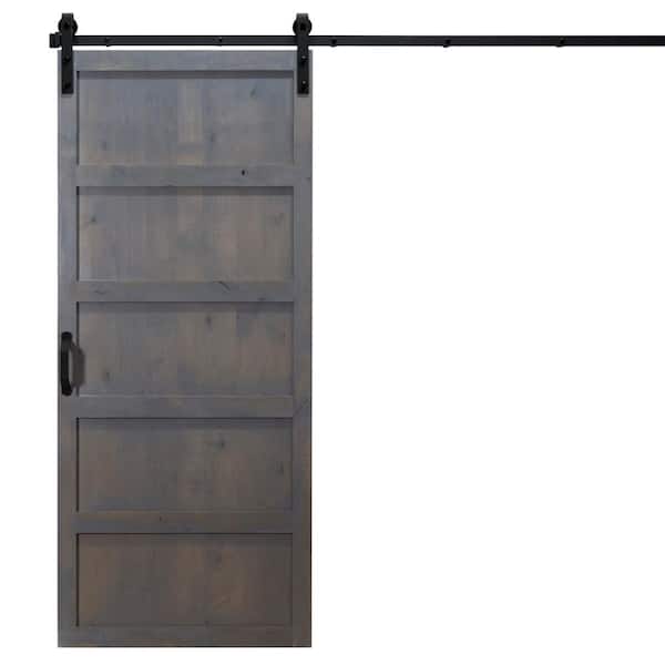 Dogberry Collections 36 in. x 84 in. 5-Panel Ash Gray Alder Wood Interior Sliding Barn Door Slab with Hardware Kit