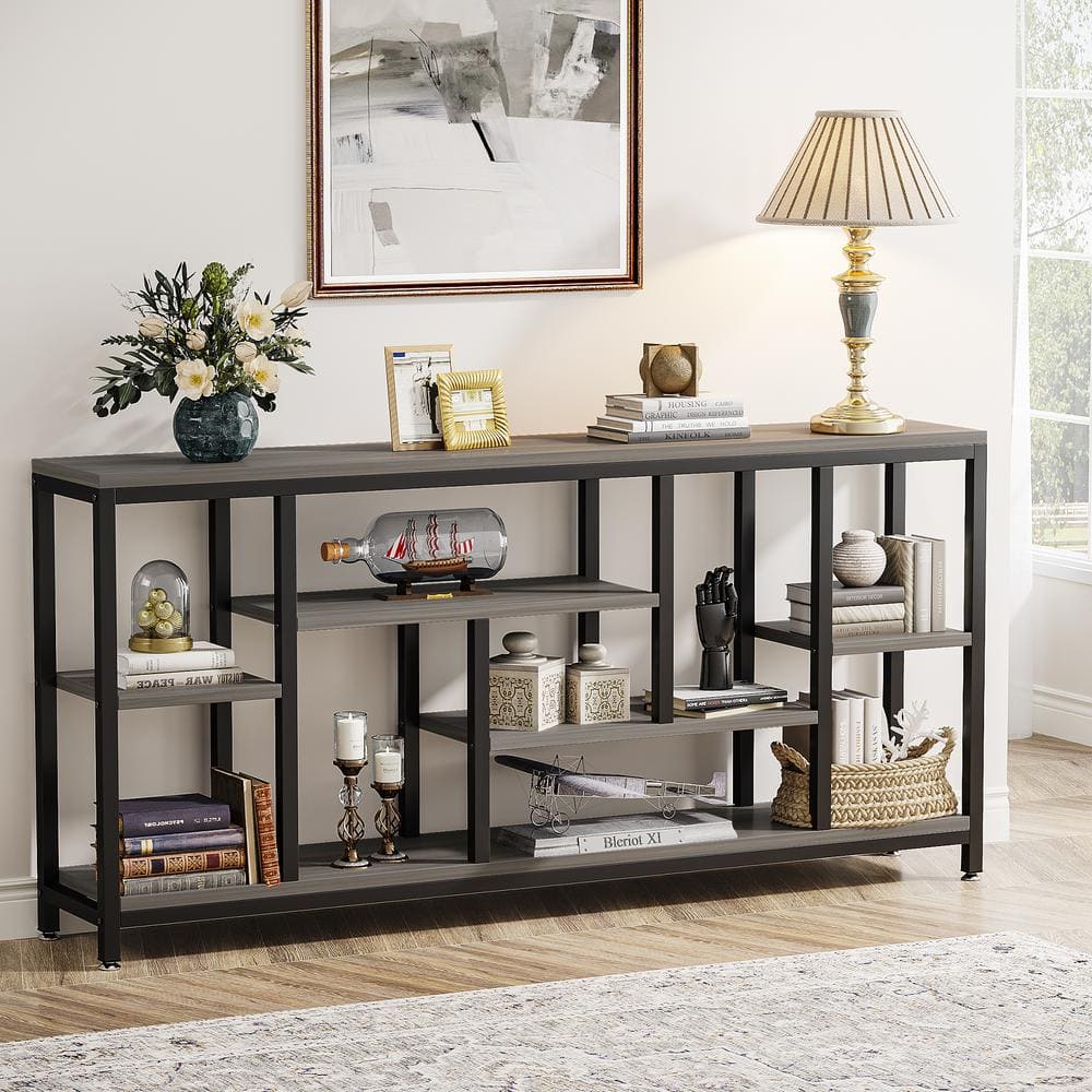 Gray 70.9'' Industrial Console Table with Storage Shelves