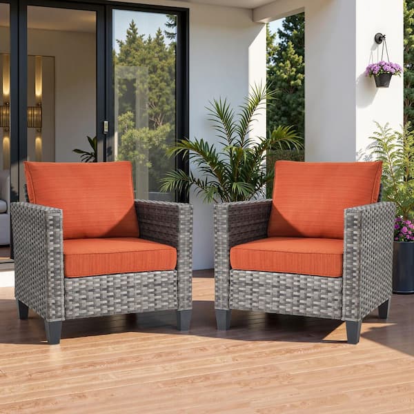 Audrey Gray 2-Piece Wicker Single Outdoor Lounge Chair Single Chairs with Orange Red Cushion for Patio, Deck, Porch