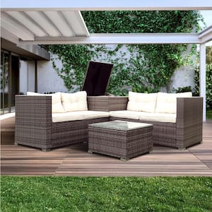 Gray 4-Piece Wicker Outdoor Sectional Patio Conversation Set with Storage Box and Table and Cream Cushions