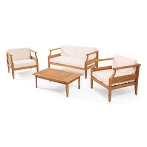 Alluvion Teak 4-Piece Wood Outdoor Patio Conversation Set with Cream Cushions