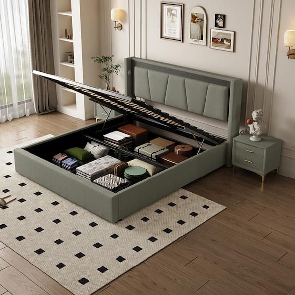 Harper & Bright Designs Modern Dark Gray Wood Frame Queen Cotton and Linen Upholstered Platform Bed with Underbed Storage Space