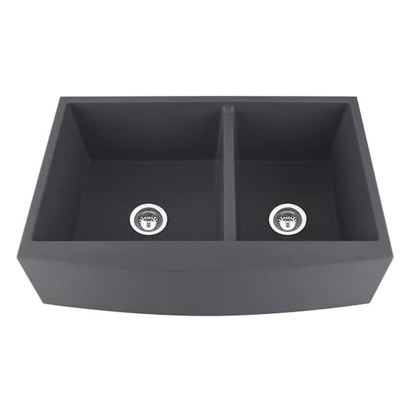 CASAINC Gray Quartz 33 in. Double Bowl Farmhouse Apron Kitchen Sink