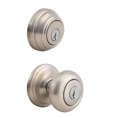 Juno Satin Nickel Exterior Entry Door Knob and Single Cylinder Deadbolt Combo Pack Featuring SmartKey Security