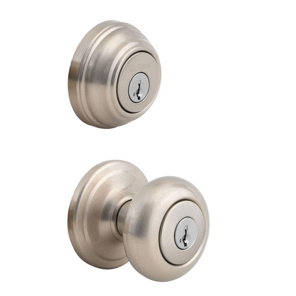 Kwikset Juno Satin Nickel Exterior Entry Door Knob and Single Cylinder  Deadbolt Combo Pack Featuring SmartKey Security 99910-034 The Home Depot