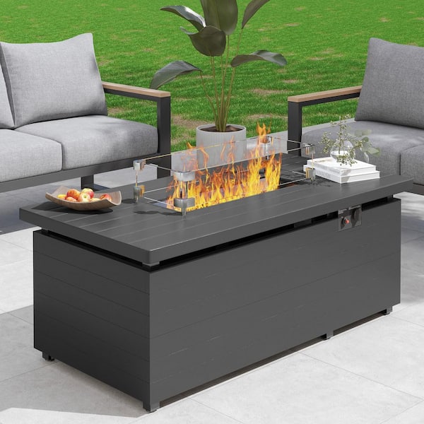 Gray 51 in. 50000 BTU Rectangular Propane Outdoor Fire Pit Table with Glass Wind Guard Lid Fire Glass Beads