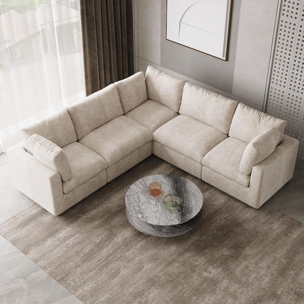 100.5 in. Square Arm Chenille Couch Modular Free Combination Sectional Sofa in Beige 5 Piece