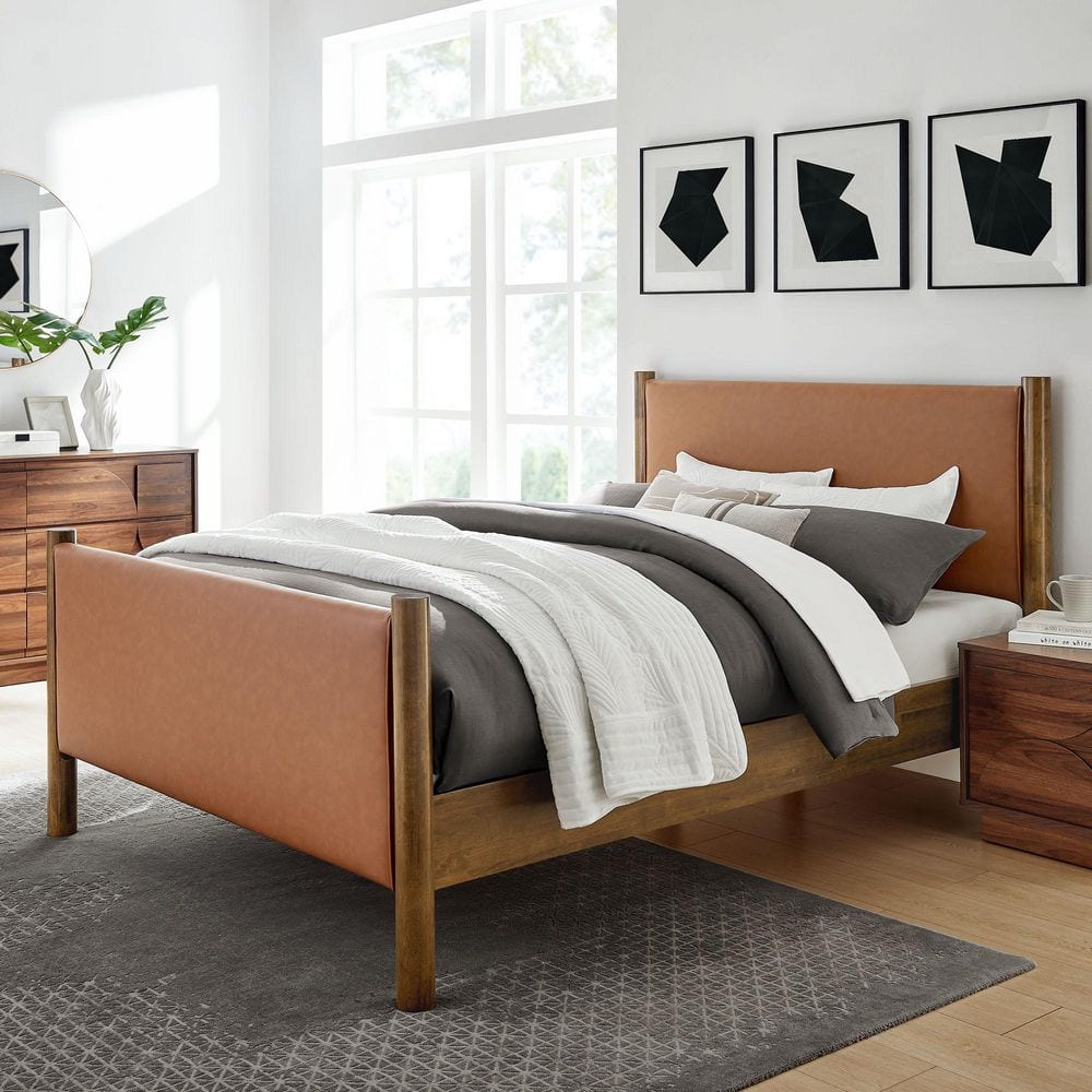 MODWAY Maven Brown Wood Frame King Platform Bed with Faux Leather