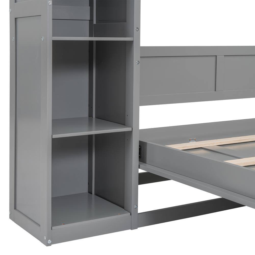 Gray Wood Frame Queen Size Murphy Bed Wall Bed with Storage Shelves and LED Lights - thumbnail 5