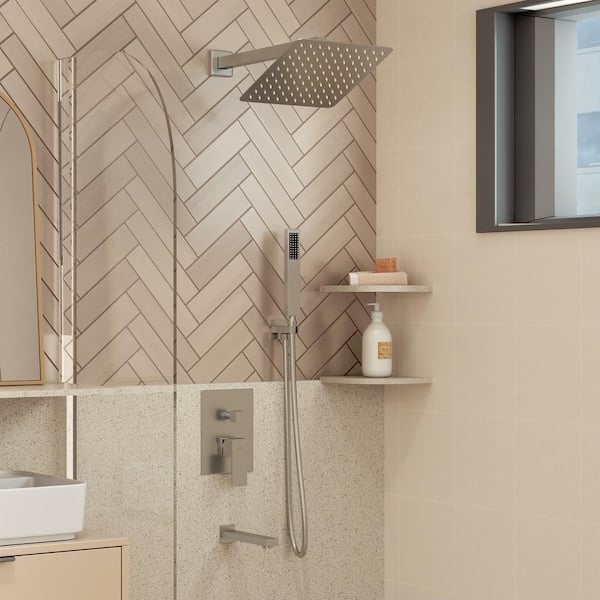 1-Spray Patterns with 2.5 GPM 10 in. Tub Wall Mount Dual Shower Heads in Spot Resist Brushed Nickel