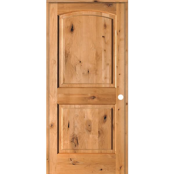 Krosswood Doors 28 in. x 80 in. Knotty Alder 2-Panel Left-Handed Clear Stain Wood Single Prehung Interior Door with Arch Top