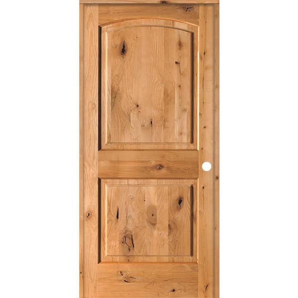 28 in. x 80 in. Rustic Knotty Alder 2-Panel Left Handed Clear Stain Wood Single Prehung Interior Door with Arch Top