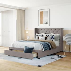 Gray Wood Frame Queen Velvet Upholstered Platform Bed with Wingback Headboard and a Big Drawer