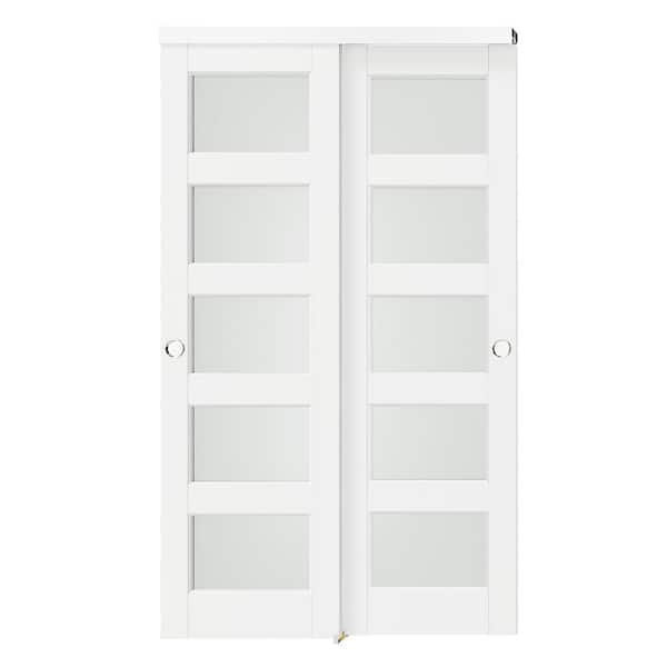 48 in. x 80 in. White, Solid Core MDF, 5-Lites, Double Frosted Glass Panel Bypass Sliding Door with Aluminium Hardware