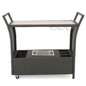 Outdoor Grill Cart Table with Storage Grill Cabinet Kitchen Island BBQ Cart with Wheels, Hooks and Side Shelf in Gray