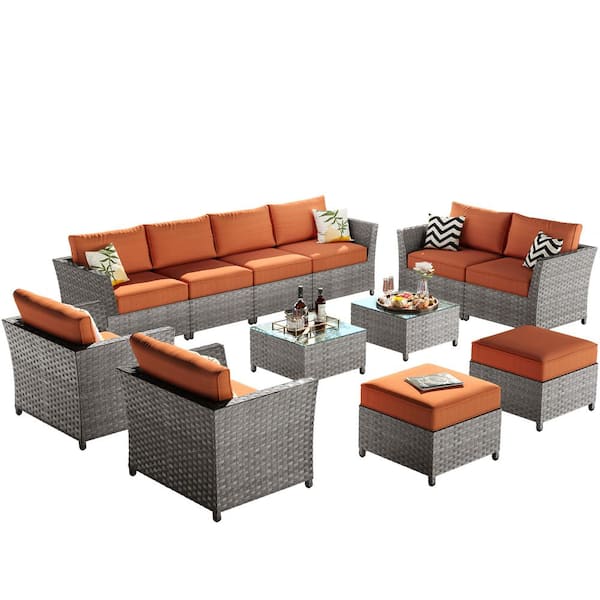 Jasmine 12-Piece Wicker Outdoor Sectional Set with Orange Red Cushions