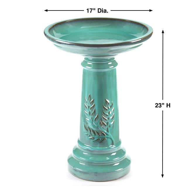 Minty Teal Ceramic Traditional Birdbath with Leaf Motif
