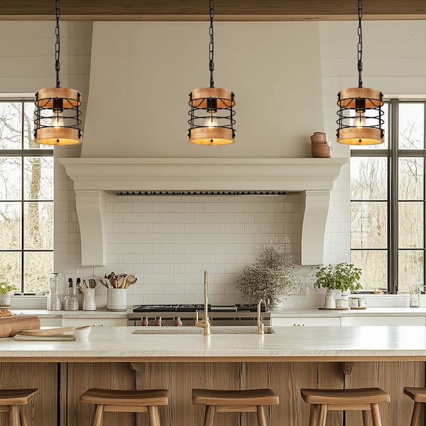 2-Pack 1-Light Brown Wood Grain Drum Pendant Light with Wooden Shade Farmhouse Chandelier for Kitchen Island Dining Room