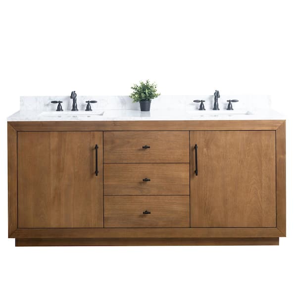 Vanity Art 72 in. W x 21.5 in. D x 34 in. H Double Sink Bathroom Vanity in Tan with Arabescato White Engineered Marble Top