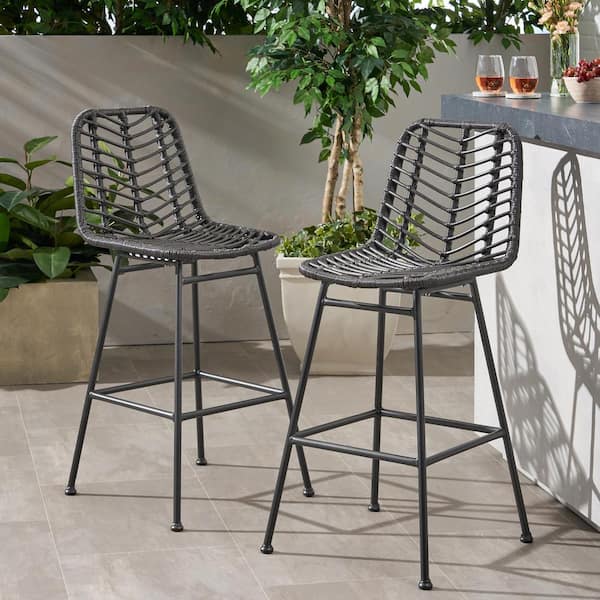 Noble House Sawtelle Grey Faux Rattan Outdoor Bar Stool (2-Pack)
